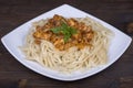 Spaghetti with chicken and vegetable on a plate Royalty Free Stock Photo