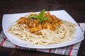 Spaghetti with chicken and vegetable on a plate Royalty Free Stock Photo