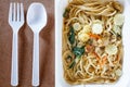 Spaghetti with chili pork basil leaf in food container.Top view. Royalty Free Stock Photo