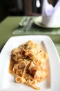 Spaghetti fettucini salmon cream sauce Royalty Free Stock Photo
