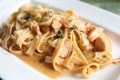 Spaghetti fettucini salmon cream sauce Royalty Free Stock Photo