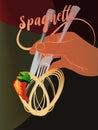 Spaghetti at fork with basil, sauce, knife in hand. Pasta. Traditional italian food. Natural eating.