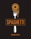 Spaghetti on fork design. Italian pasta logo on black background