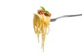 Spaghetti on fork with fresh tomato sauce, grated parmesan cheese and basil leaf for garnish, isolated on white background Royalty Free Stock Photo