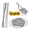 Spaghetti on fork and plate. Vector vintage black illustration on white background