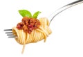 Spaghetti on fork with tomato sauce and parsley Royalty Free Stock Photo