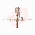 Spaghetti on fork watercolor. Italian pasta logo