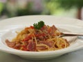 Spaghetti with Garlic, Dried Chili and Bacon in white plate, food Royalty Free Stock Photo