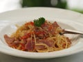 Spaghetti with Garlic, Dried Chili and Bacon in white plate, food Royalty Free Stock Photo