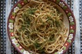 Spaghetti greens traditional food pottery tablecloth house