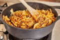 Spaghetti with ground beef and sauce, fried in pan for making spaghetti bolognese according to recipe from the Internet Royalty Free Stock Photo