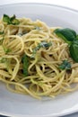 Spaghetti with home made pesto on a plate Royalty Free Stock Photo