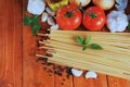 Spaghetti ingredients on wood Royalty Free Stock Photo