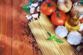 Spaghetti ingredients on wood with sun light Royalty Free Stock Photo