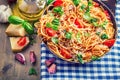 Spaghetti. Italian and Mediterranean cuisine. Spaghetti bolognese with cherry tomato and basil. Royalty Free Stock Photo