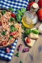 Spaghetti. Italian and Mediterranean cuisine. Spaghetti bolognese with cherry tomato and basil. Royalty Free Stock Photo