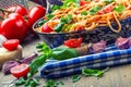 Spaghetti. Italian and Mediterranean cuisine. Spaghetti bolognese with cherry tomato and basil. Royalty Free Stock Photo