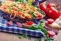 Spaghetti. Italian and Mediterranean cuisine. Spaghetti bolognese with cherry tomato and basil. Royalty Free Stock Photo