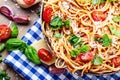 Spaghetti. Italian and Mediterranean cuisine. Spaghetti bolognese with cherry tomato and basil. Royalty Free Stock Photo