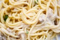 Spaghetti italian pasta served on plate with parsley in the restaurant italian food and menu concept - spaghetti carbonara , close Royalty Free Stock Photo