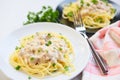 Spaghetti italian pasta served on white plate with parsley in the restaurant italian food and menu concept spaghetti carbonara top Royalty Free Stock Photo