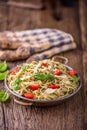 Spaghetti. Italian pasta spaghetti with basil pesto cherry tomatoes and olive oil Royalty Free Stock Photo