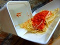 Spaghetti leftovers from a plastic container