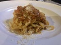 bolognese dish. Pasta on white plate