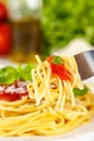 Spaghetti meal from Italy eating on a fork pasta lunch with tomato sauce portrait format