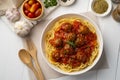 Spaghetti with meat balls,delicious meatballs pasta with tomato sauce in white plate. Royalty Free Stock Photo