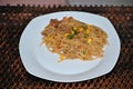 Spaghetti with meat and mixed vegetables