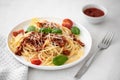 spaghetti with meat sauce, parmesan and basil Royalty Free Stock Photo