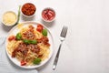 spaghetti with meat sauce, parmesan and basil Royalty Free Stock Photo