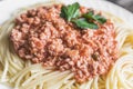 Spaghetti with meat sauce on white plate close up Royalty Free Stock Photo