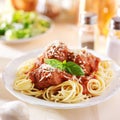 Spaghetti and meatball dinner with salad