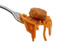 Spaghetti and a meatball on a fork