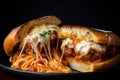 spaghetti and meatball sandwich, with melted cheese oozing between meatballs