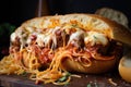 spaghetti and meatball sandwich, with melted cheese oozing between meatballs