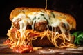 spaghetti and meatball sandwich, with melted cheese oozing between meatballs