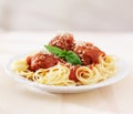 Spaghetti and meatballs on empty table