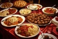 spaghetti and meatballs feast, with multiple plates of spaghetti and various sauces