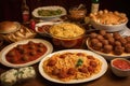 spaghetti and meatballs feast, with multiple plates of spaghetti and various sauces