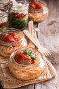 Spaghetti with meatballs served in a jar Royalty Free Stock Photo