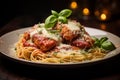 Spaghetti with meatballs, tomato sauce and parmesan cheese on dark background Royalty Free Stock Photo