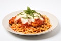 Spaghetti with meatballs, tomato sauce and parmesan cheese on white background Royalty Free Stock Photo