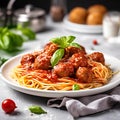 Spaghetti with meatballs and tomato sauce in a white plate on a concrete background.