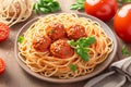 Spaghetti meatballs on wooden background