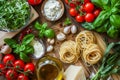 Spaghetti with Milk Mozzarella and Tomato Sauce. Traditional Pasta, Fresh Basil, Parsley, Garlic, Parmesan Royalty Free Stock Photo