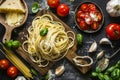 Spaghetti with Milk Mozzarella and Tomato Sauce. Traditional Pasta, Fresh Basil, Parsley, Garlic, Parmesan Royalty Free Stock Photo