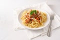 Spaghetti with minced meat tomato sauce, parmesan and parsley ga Royalty Free Stock Photo